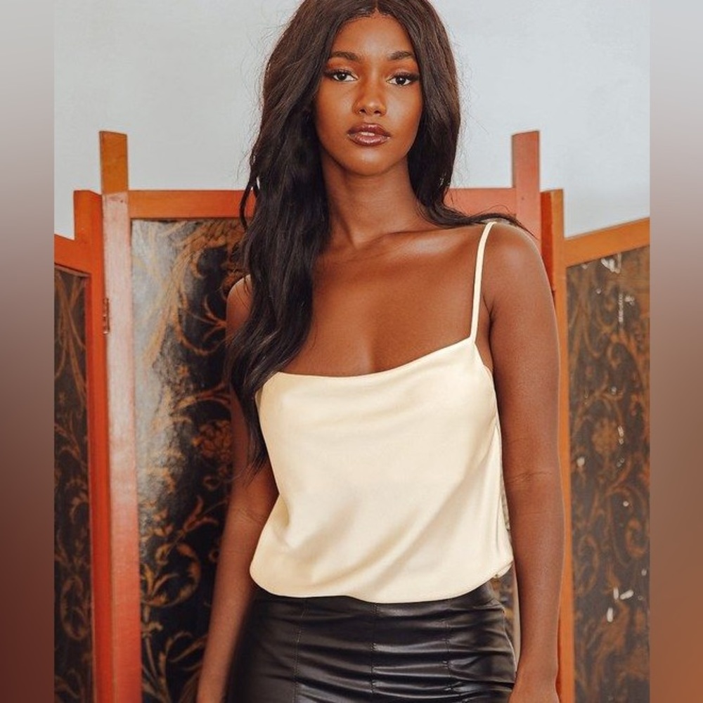 Lulu's emmerson champagne satin sleeveless cowl neck bodysuit